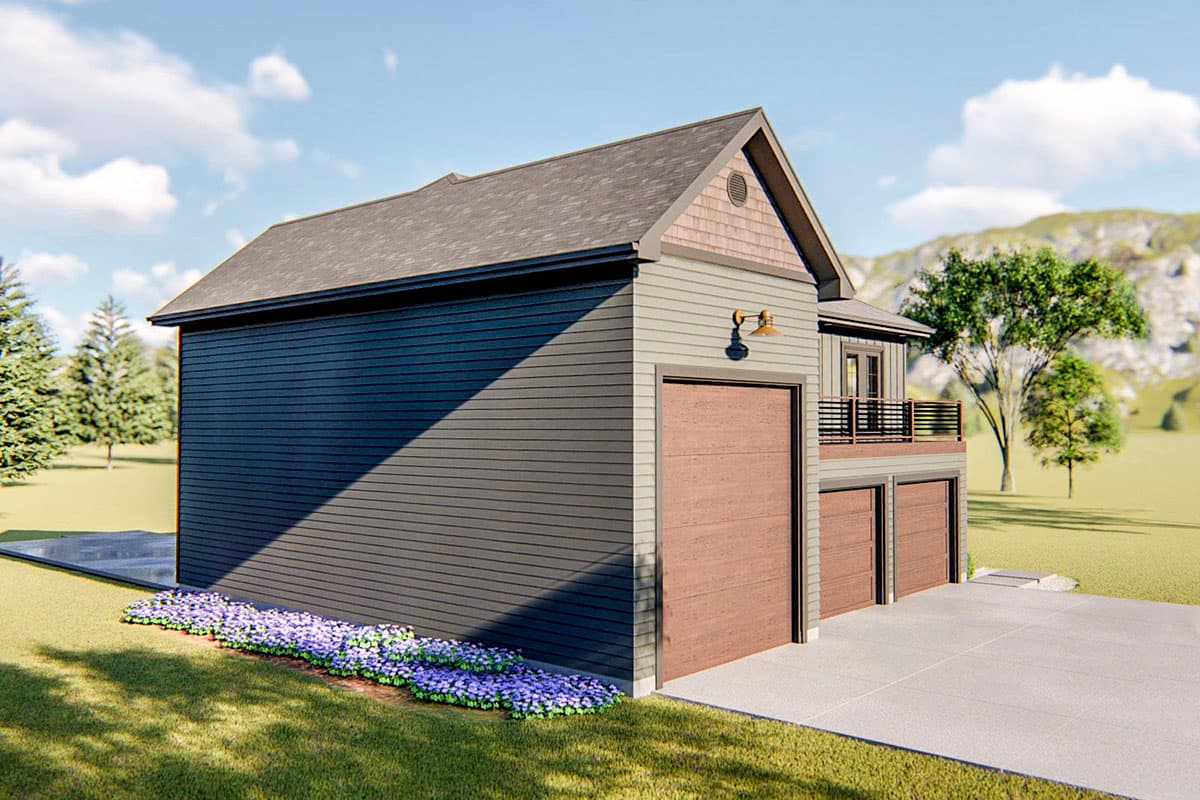 House plan exterior with a large garage, upper-level balcony, and dual garage doors.