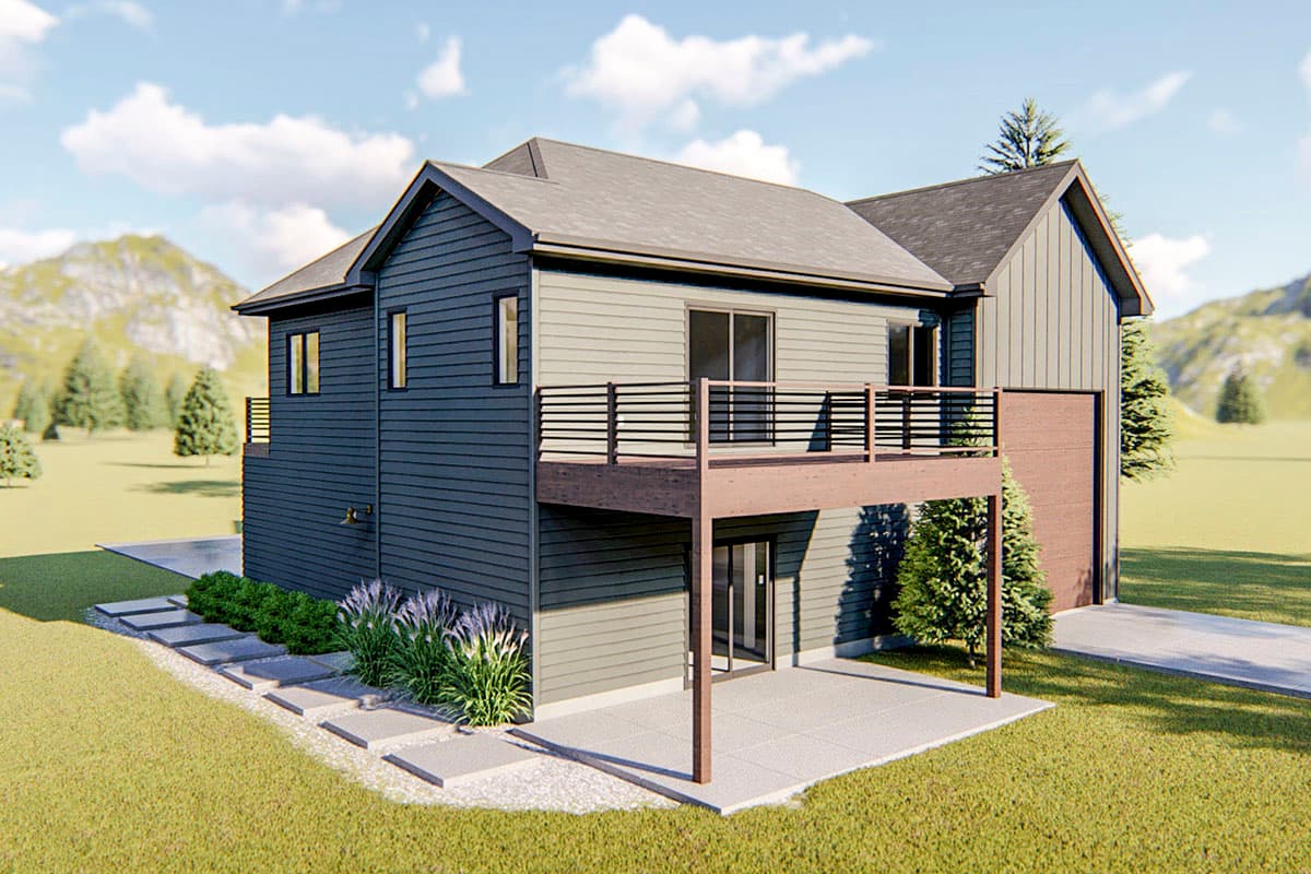 Two-story house plan exterior with horizontal siding, a deck with modern railings, and an attached garage.