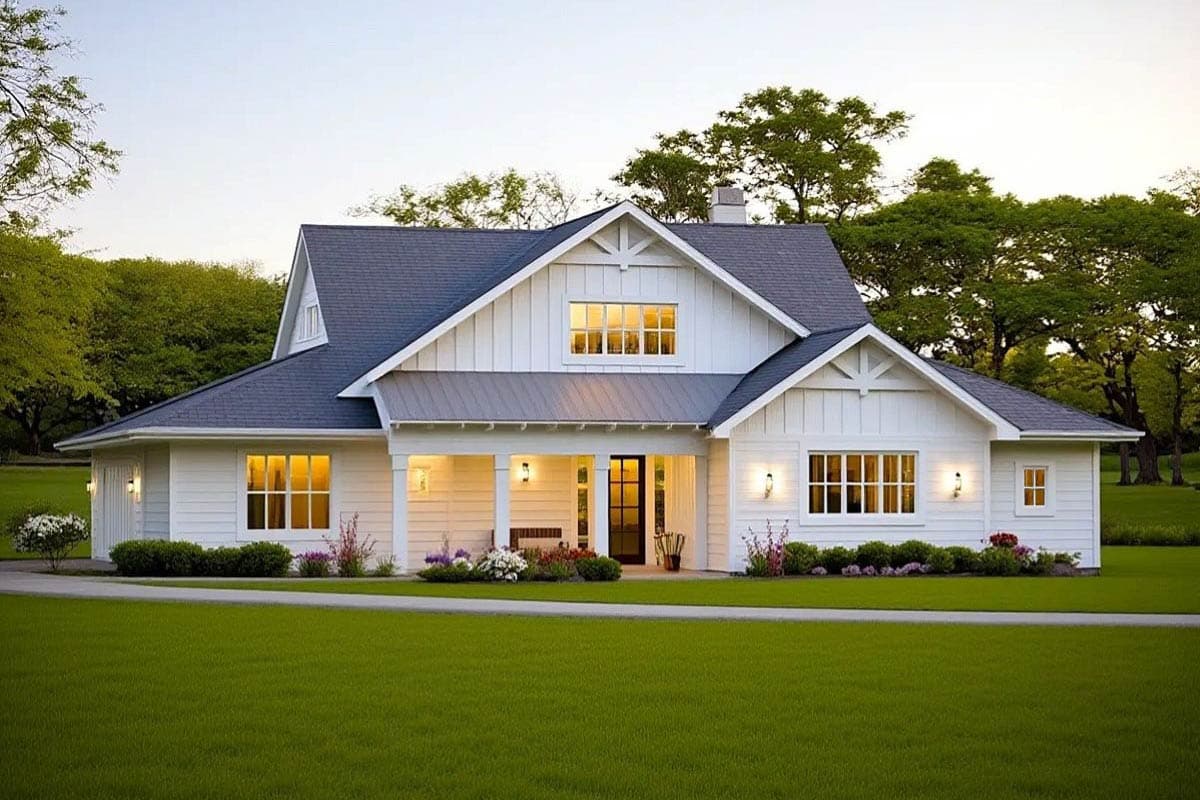 A white farmhouse with a dark gray roof sits on a large, green lawn. The house has a porch, multiple windows, and is surrounded by trees.