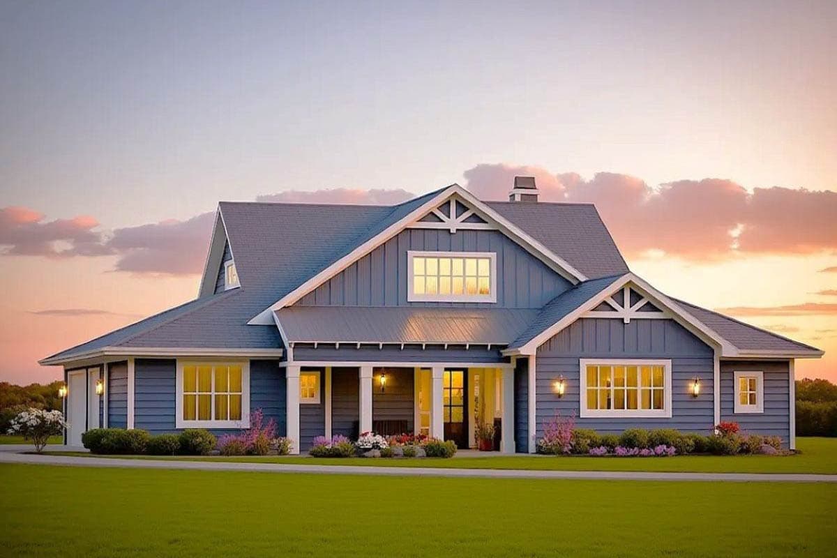 A beautiful blue farmhouse with white trim sits on a green lawn. The house has several windows, a porch, and a warm, inviting glow at dusk.