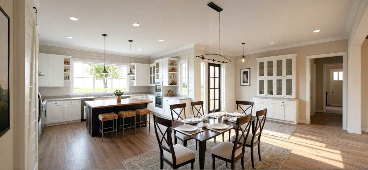 A modern kitchen and dining area featuring a dark wood dining table set for guests. The kitchen has a large island with three stools.