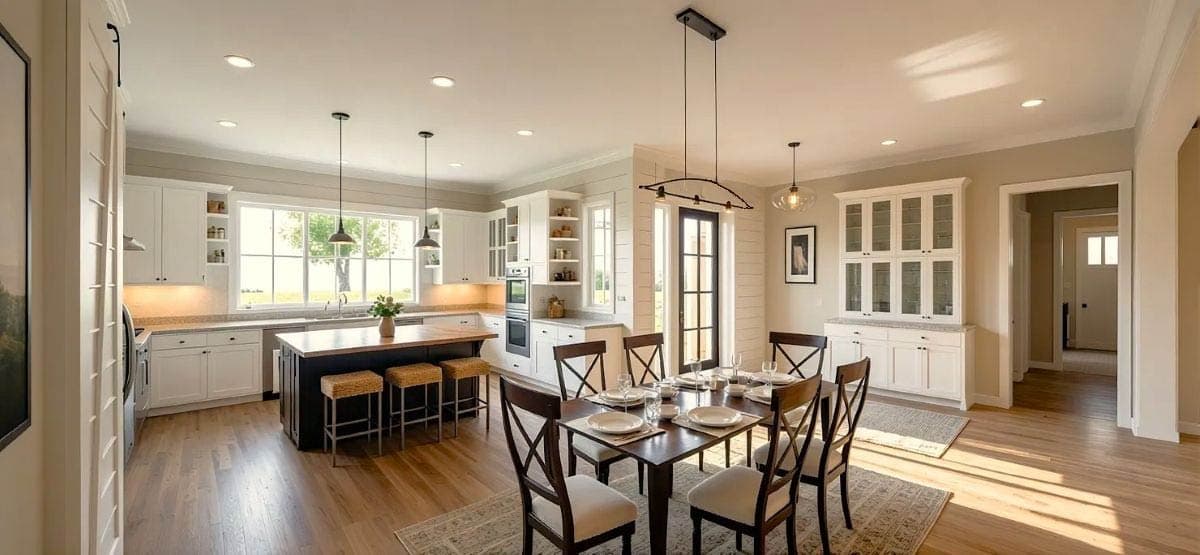 A white, two-story house with a dark roof and a large, green lawn. An outdoor dining set sits near a covered patio and a white umbrella is open.