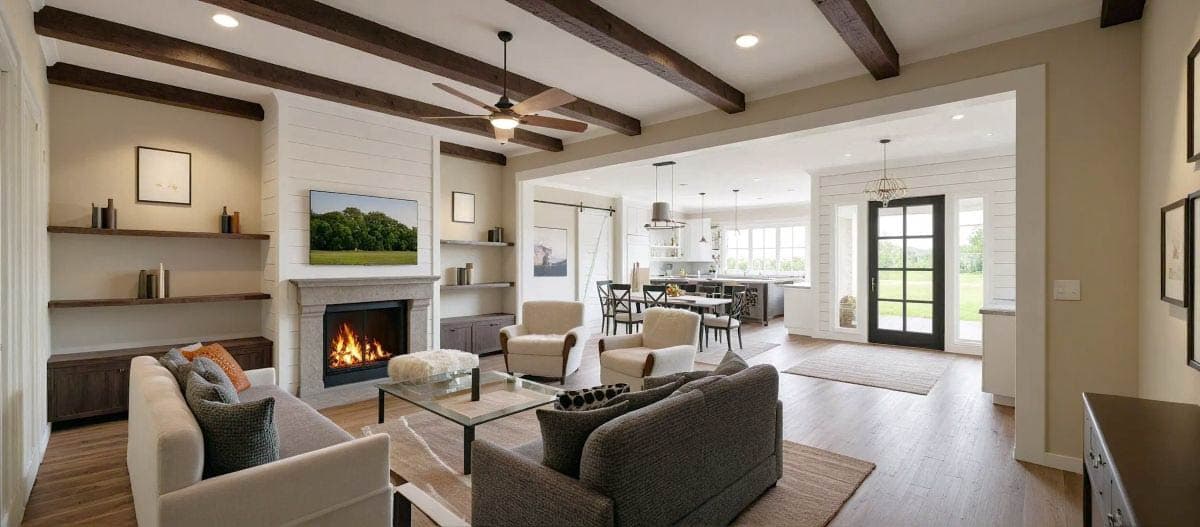 A modern, open-concept living space with a fireplace, comfortable seating, and a view into the dining and kitchen areas.