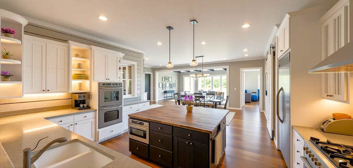 A modern kitchen and dining area featuring a dark wood dining table set for guests. The kitchen has a large island with three stools.