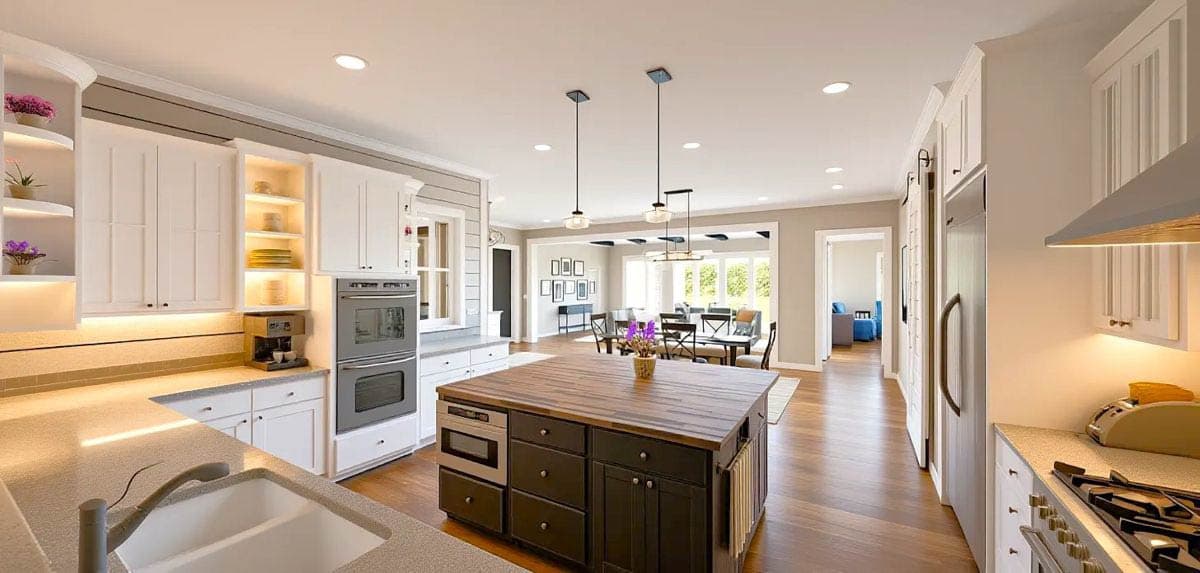 Spacious, modern kitchen with a large island, wood flooring, white cabinetry, and a dining area in the background.