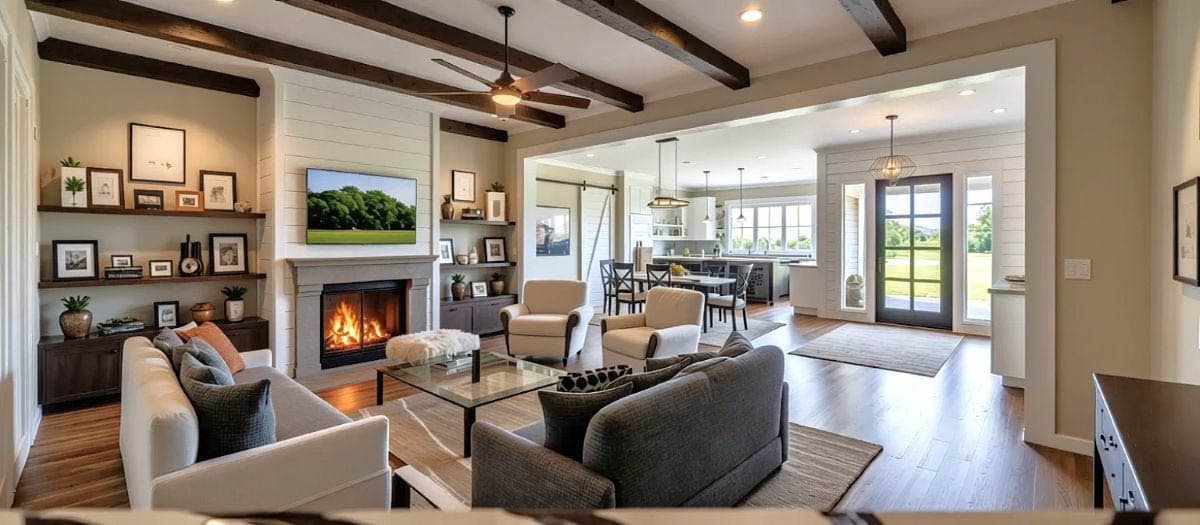 A modern, open-concept living space with a fireplace, comfortable seating, and a view into the dining and kitchen areas.