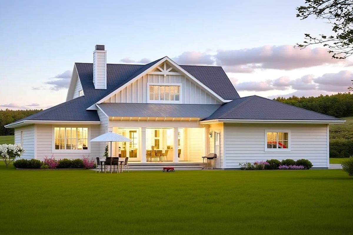 A white, two-story house with a dark roof and a large, green lawn. An outdoor dining set sits near a covered patio and a white umbrella is open.