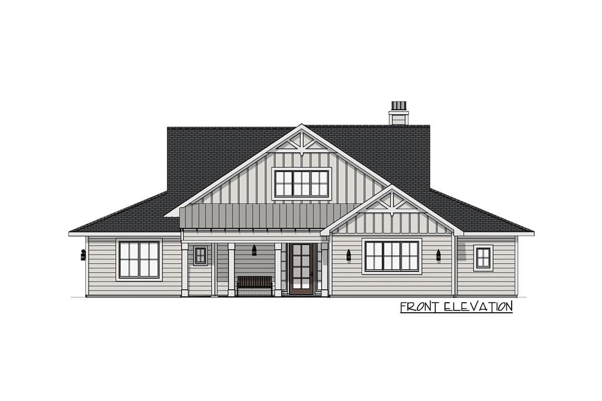 Line drawing of a modern farmhouse, featuring a dark-gray roof, light siding, a covered porch with a bench, and a prominent front door.