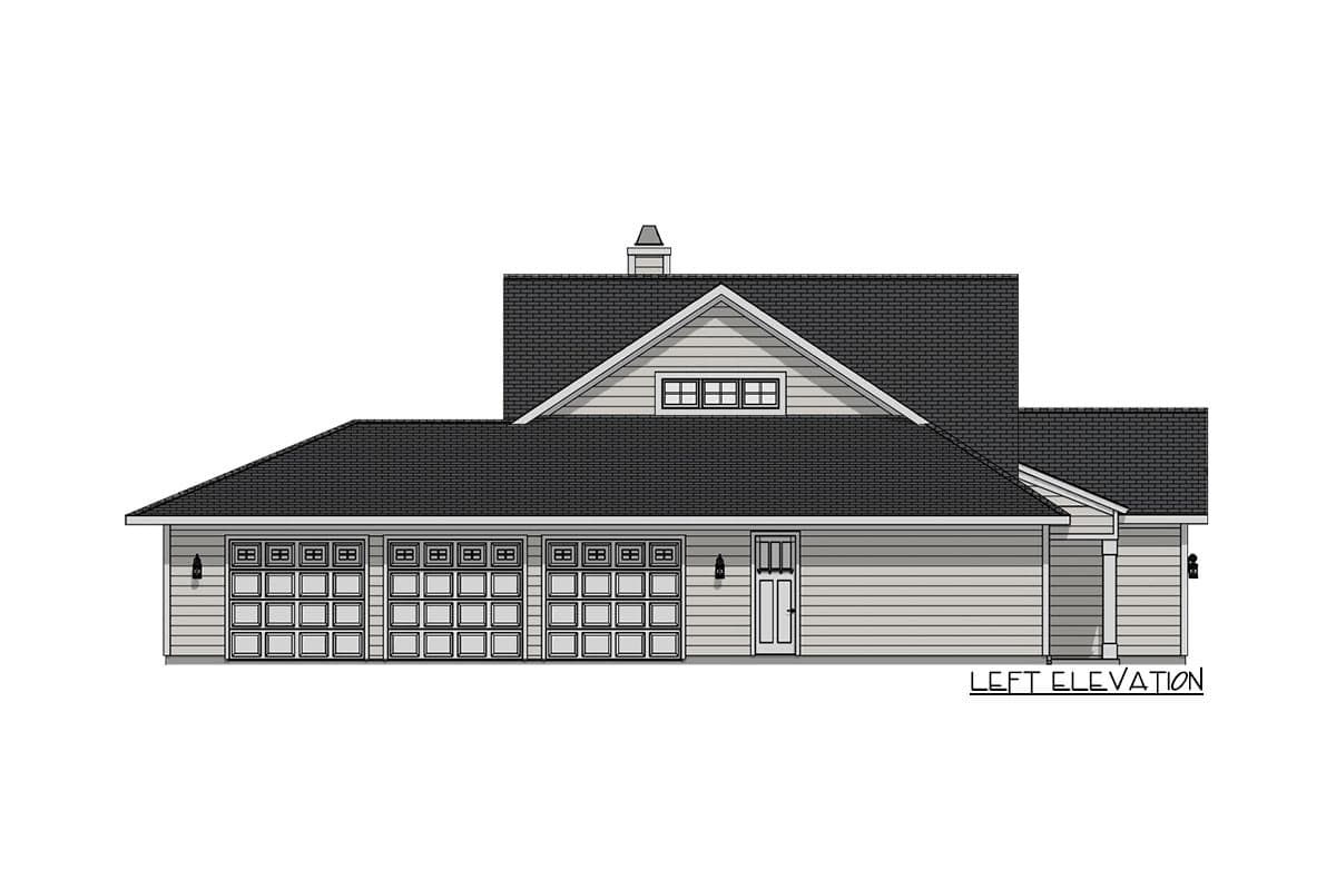 Architectural rendering of a house left elevation view. Features a gabled roof, three garage bays, and a side entrance.
