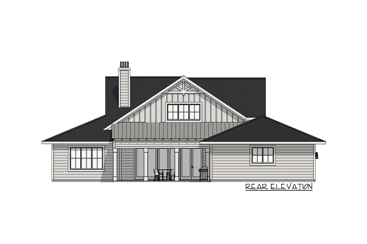 Rear elevation of a single-story house featuring a gabled roof, a chimney, and large windows. Sliding doors lead to an outdoor patio area.