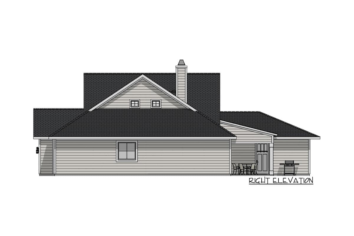 Right elevation drawing of a house with a multi-gabled roof, chimney, and patio area with a table and chairs next to a barbecue grill.