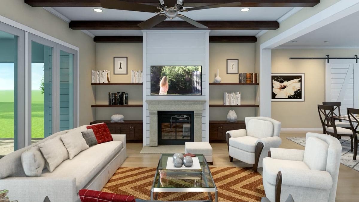 A modern living room featuring a fireplace, built-in shelves, a large TV, and comfortable seating arranged around a glass coffee table.