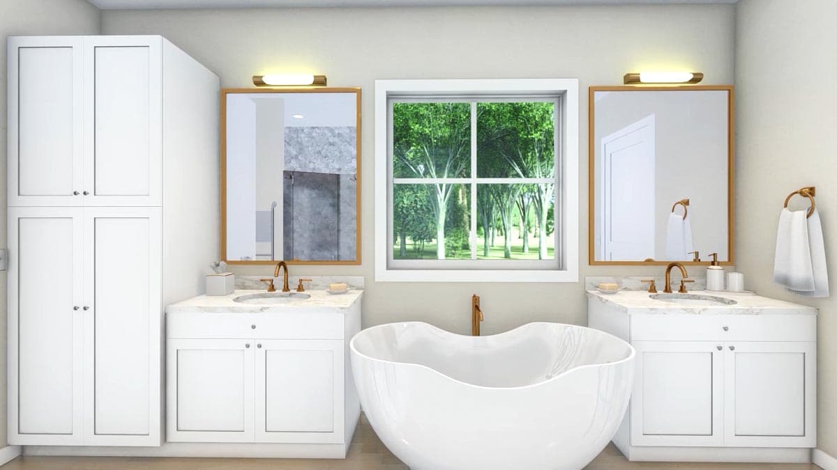 A modern bathroom features a large window with a view of trees, flanked by two vanities with mirrors, and a freestanding tub.