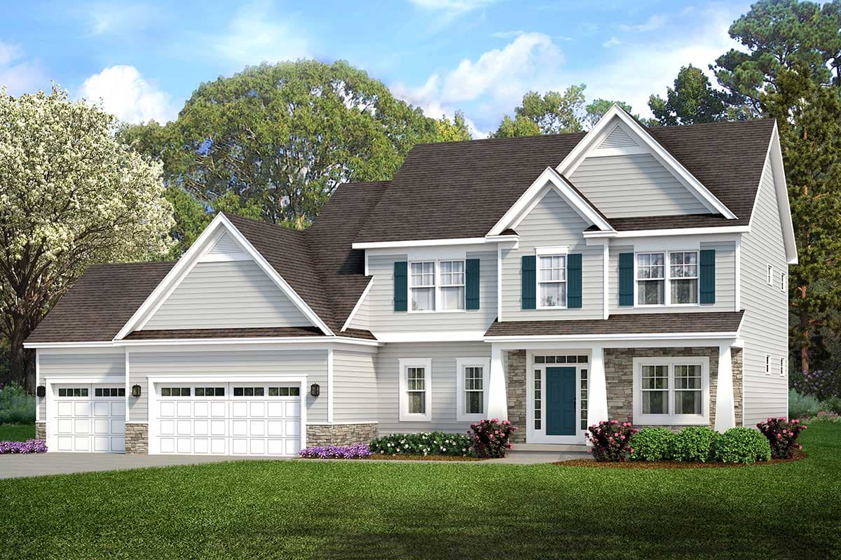 House plan exterior. Two-story home with gables, a covered entry porch, and a side-entry garage. Features include stone accents and shutters.