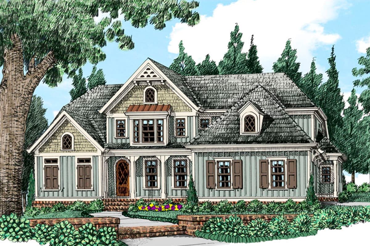 House plan exterior: Two-story home with a prominent gable, bay window, dormers, and covered entry.