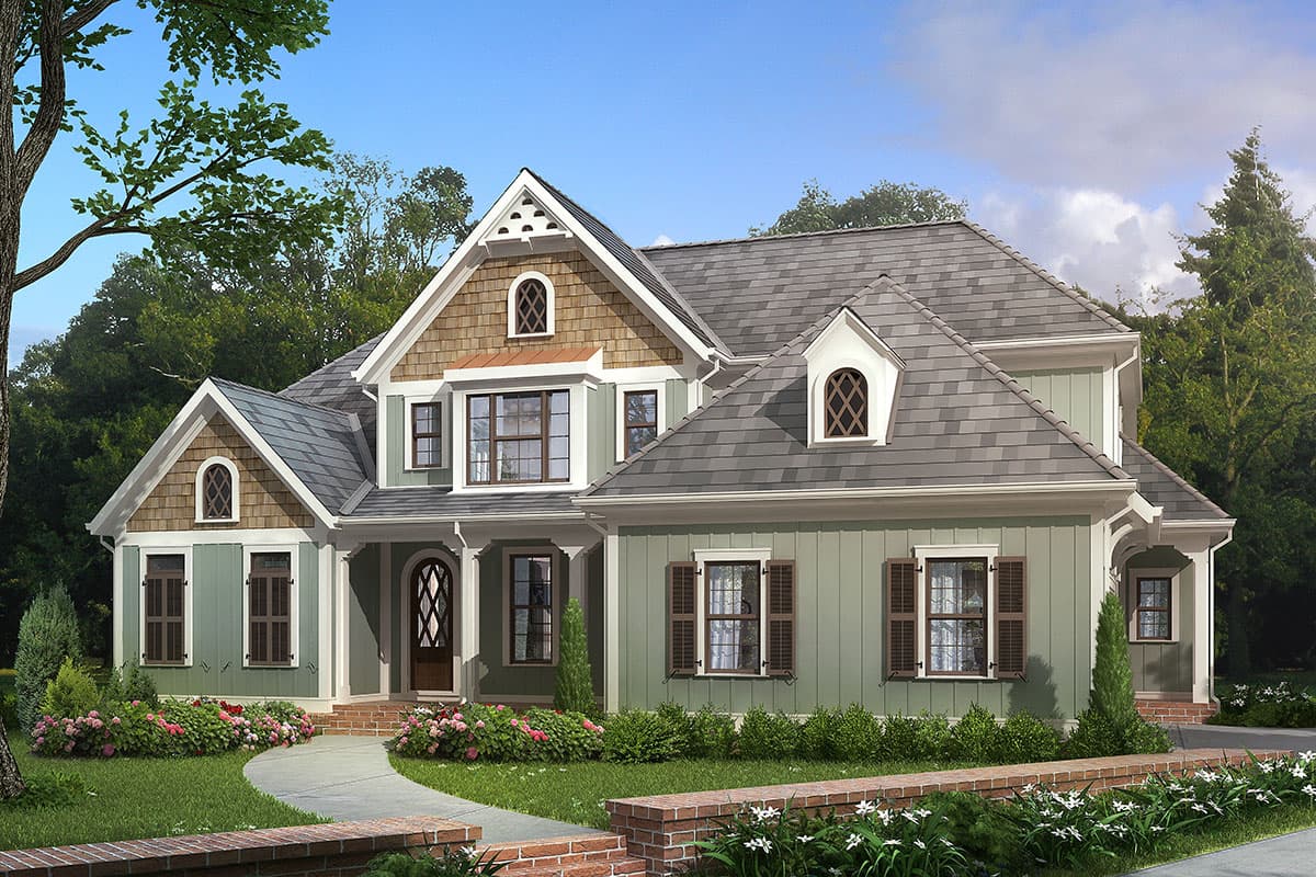 House plan exterior. Two-story Craftsman home with gabled roof, dormers, and a covered porch. Features include decorative window trim and shutters.