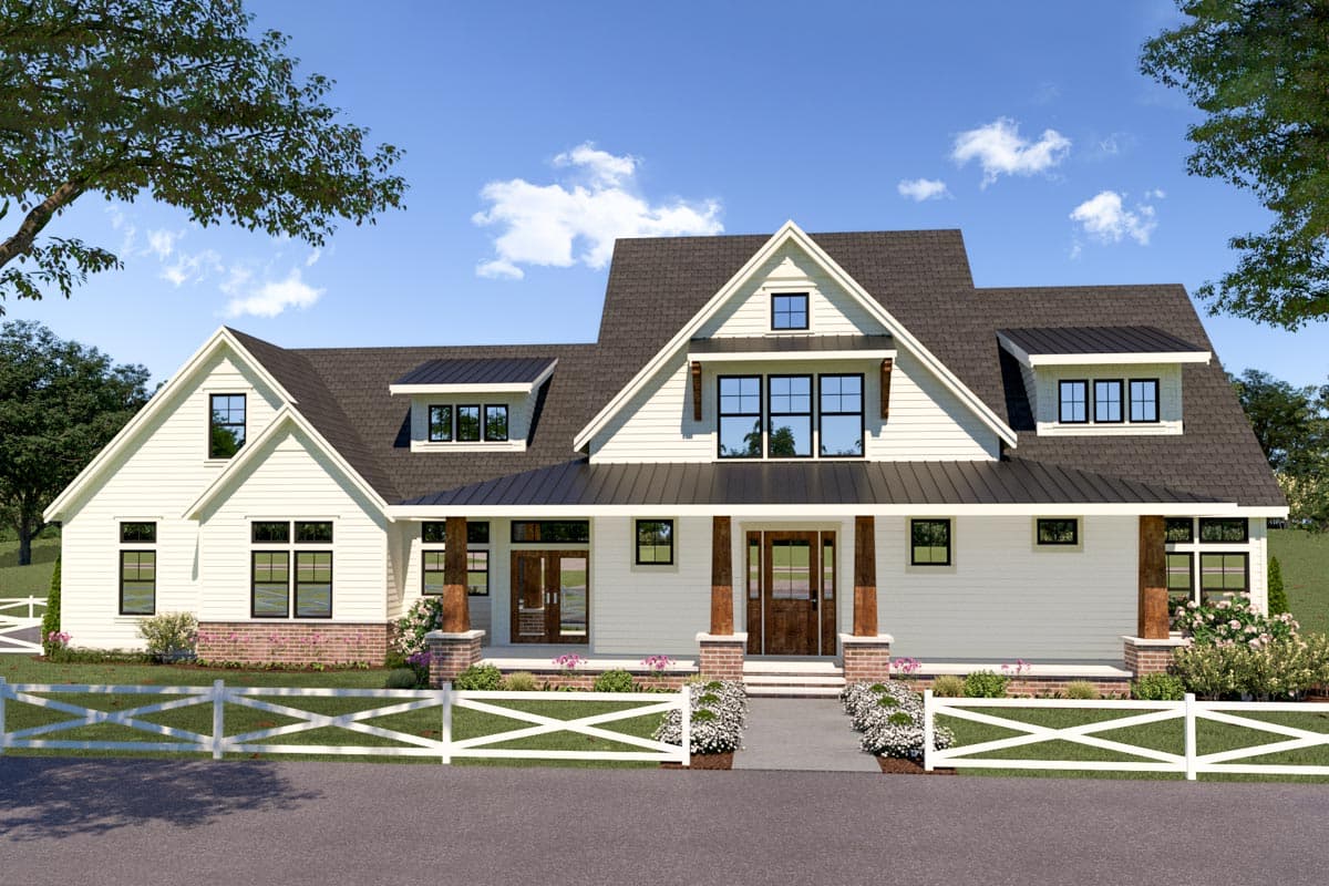 House plan exterior. Modern farmhouse style, one-story. Features include a covered porch with exposed columns, multiple gables, and dormers.