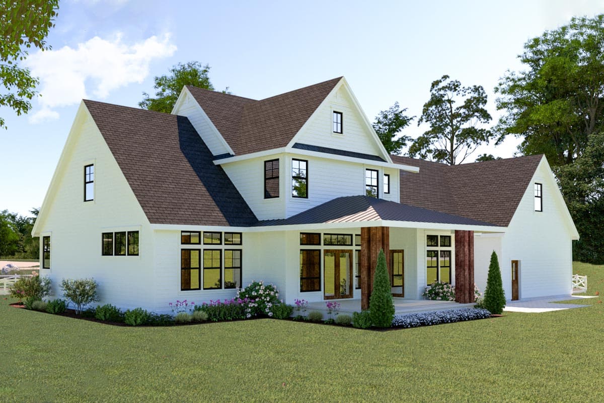 Modern Farmhouse house plan exterior with multiple gables, a covered porch with wood posts, and large windows.