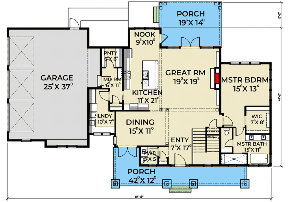 Plan 280040JWD: 4-Bed New American House Plan with Two Shed Dormers - Floor Plan - Main Level - Country, Farmhouse, Modern Farmhouse, New American, Southern