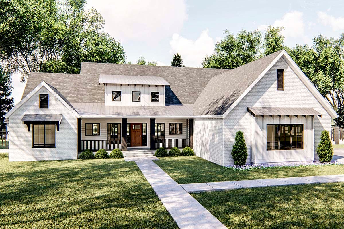 House plan exterior. Modern Farmhouse style, one-story. Features include a front porch, gabled roof, dormers, and dark window frames.