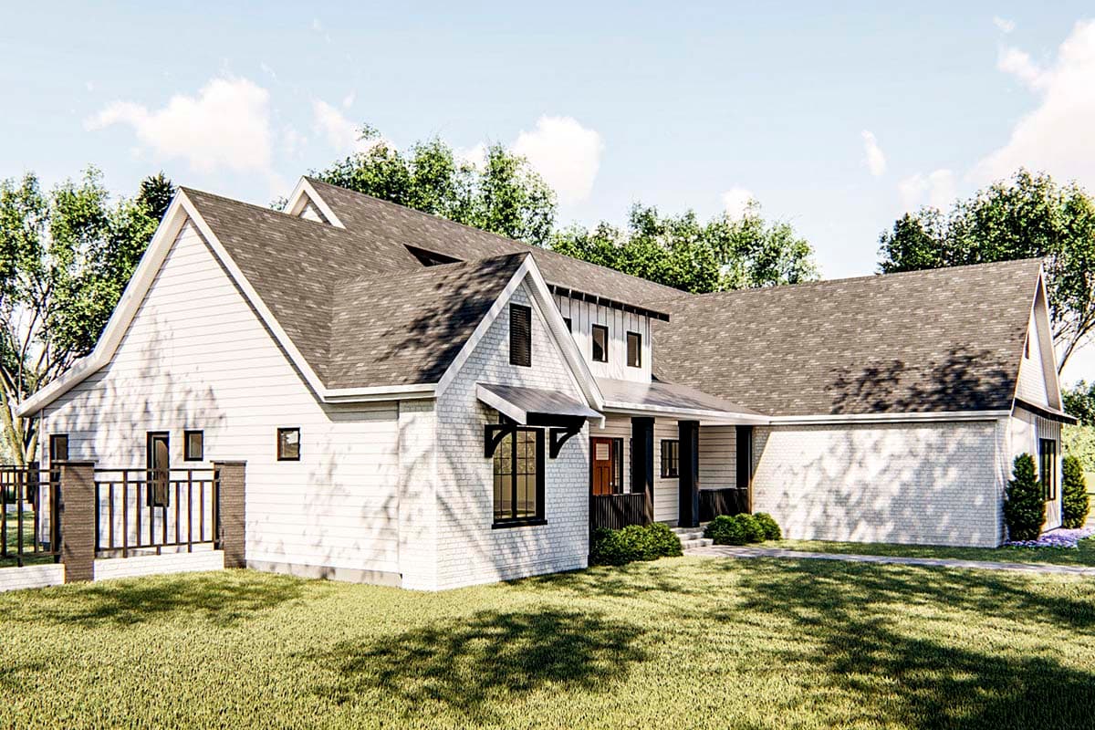Modern Farmhouse house plan exterior with board and batten siding, gables, dormers, and a covered front porch.