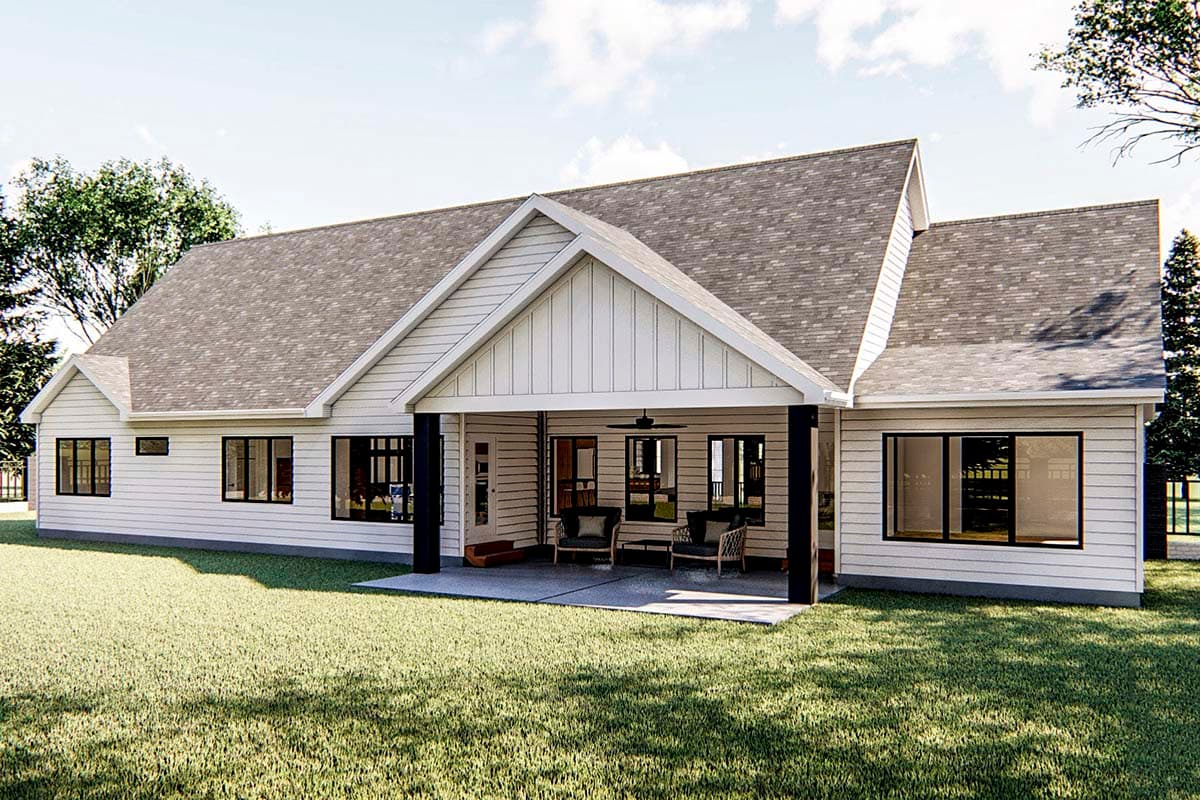 House plan exterior: Ranch style, single-story with covered patio, gable accents, and wide windows.