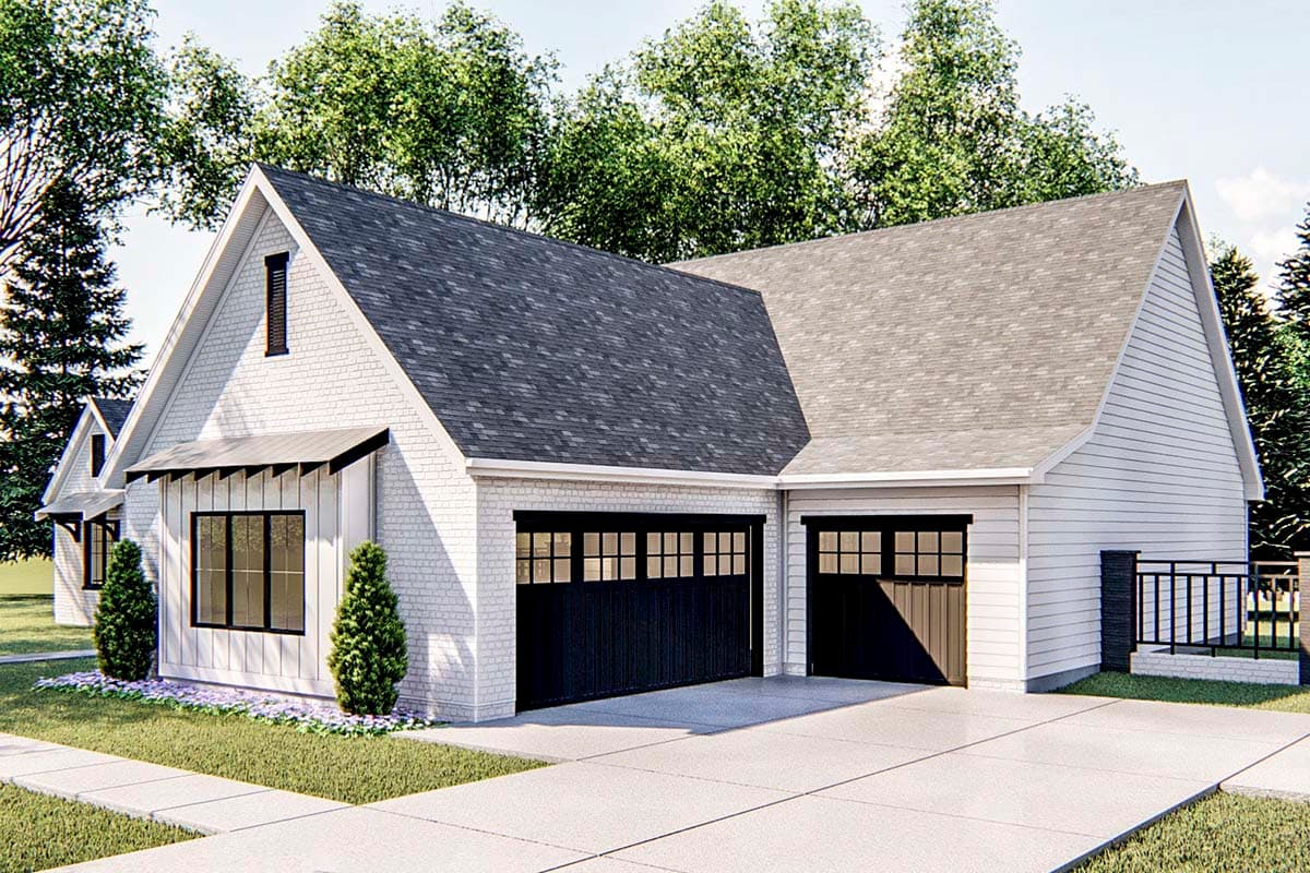 Modern Farmhouse house plan exterior with white brick, vertical siding, gable dormer, and a three-car garage.