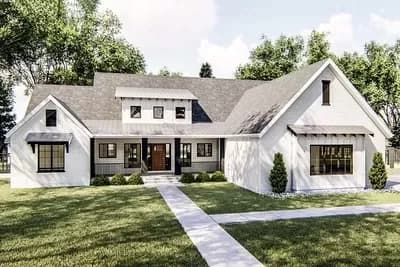 Modern Farmhouse Ranch Home Plan with Cathedral Ceiling Great Room