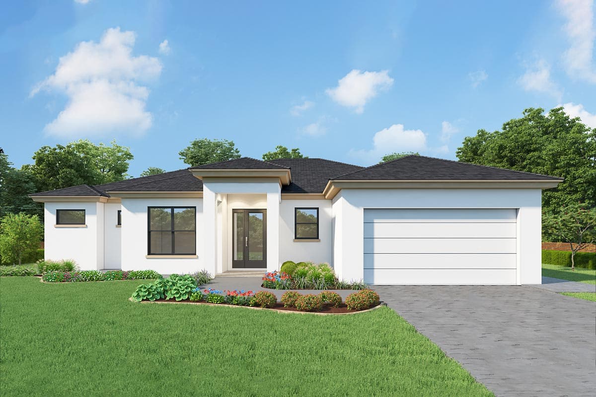 House plan exterior. Single-story, modern design with flat roof, attached garage, and prominent entry with transom window.