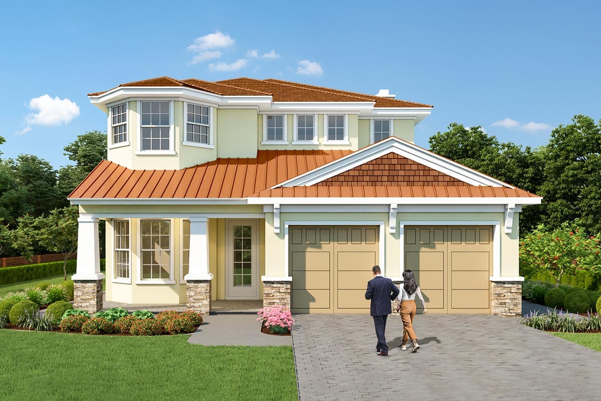 House plan exterior with two stories, Craftsman style. Features include a covered porch, gabled roof, and a two-car garage.