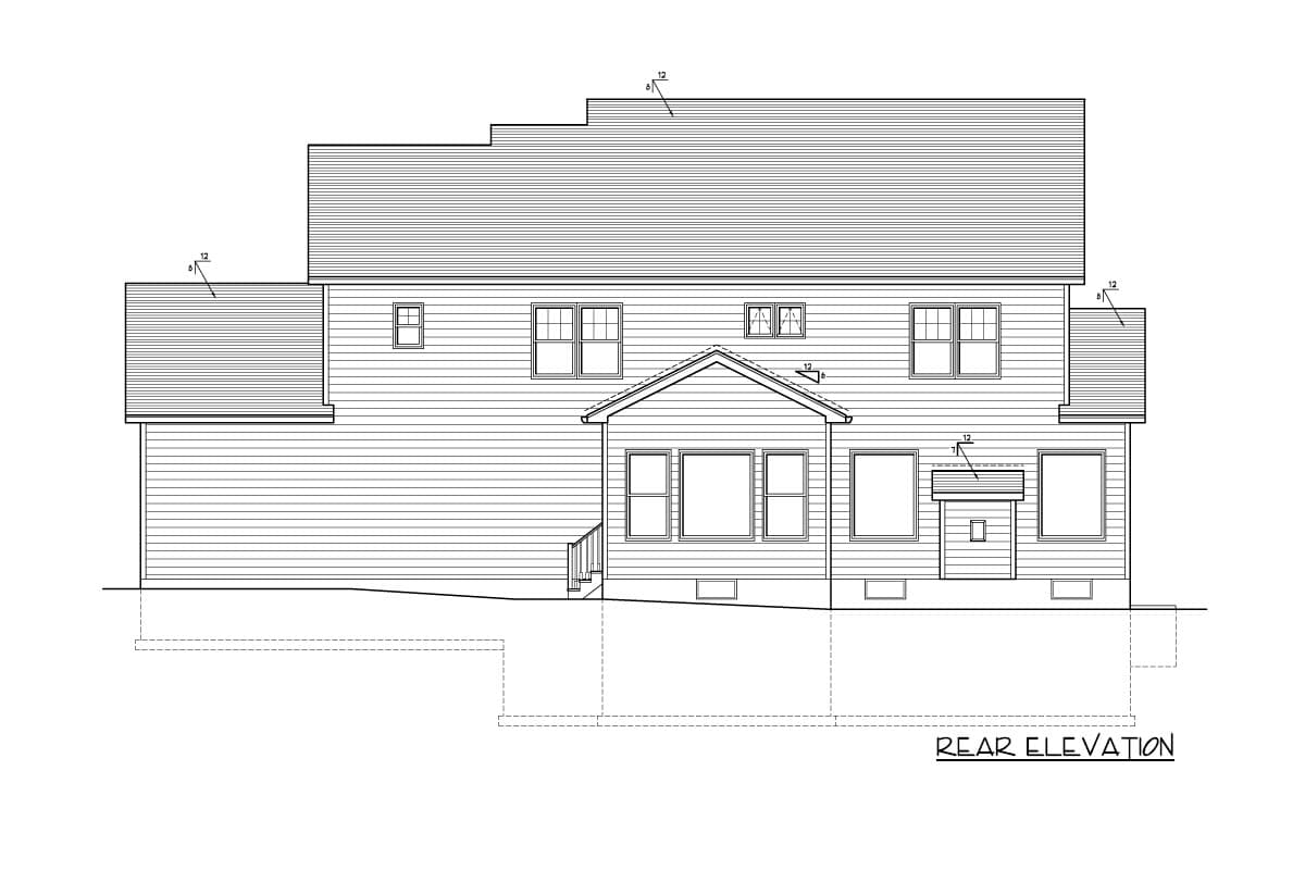 Rear elevation house plan with siding, multi-level rooflines, several windows, and a central gabled projection.