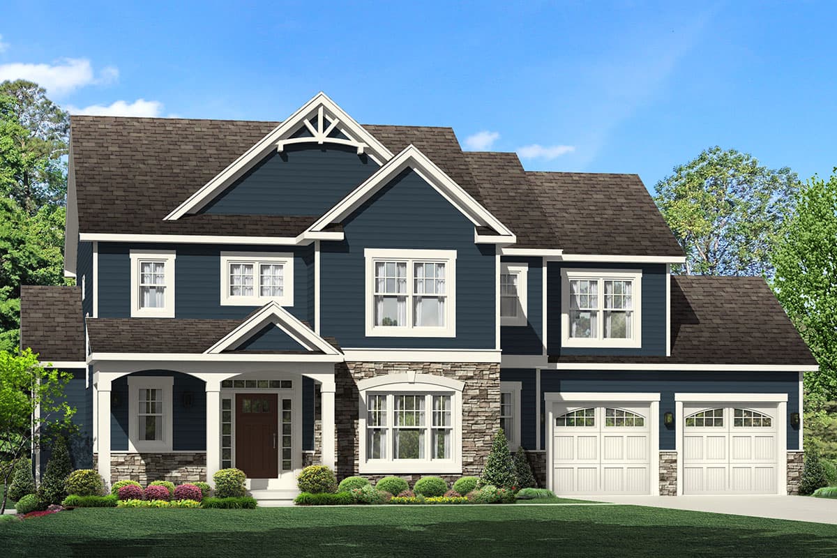 House plan exterior: Two-story Modern Farmhouse with a covered front porch, stone accents, and a side-facing three-car garage.