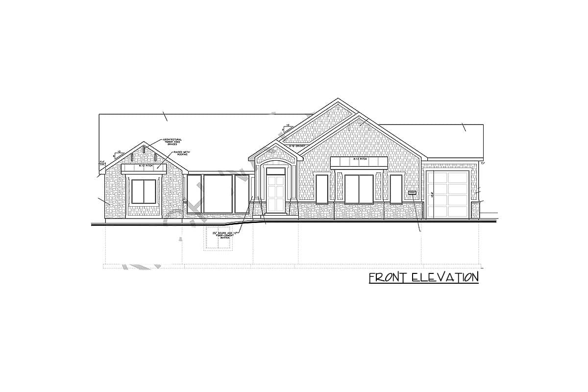 Front elevation drawing of a single-story house with stone and shingle siding, a covered entry, and a two-car garage.