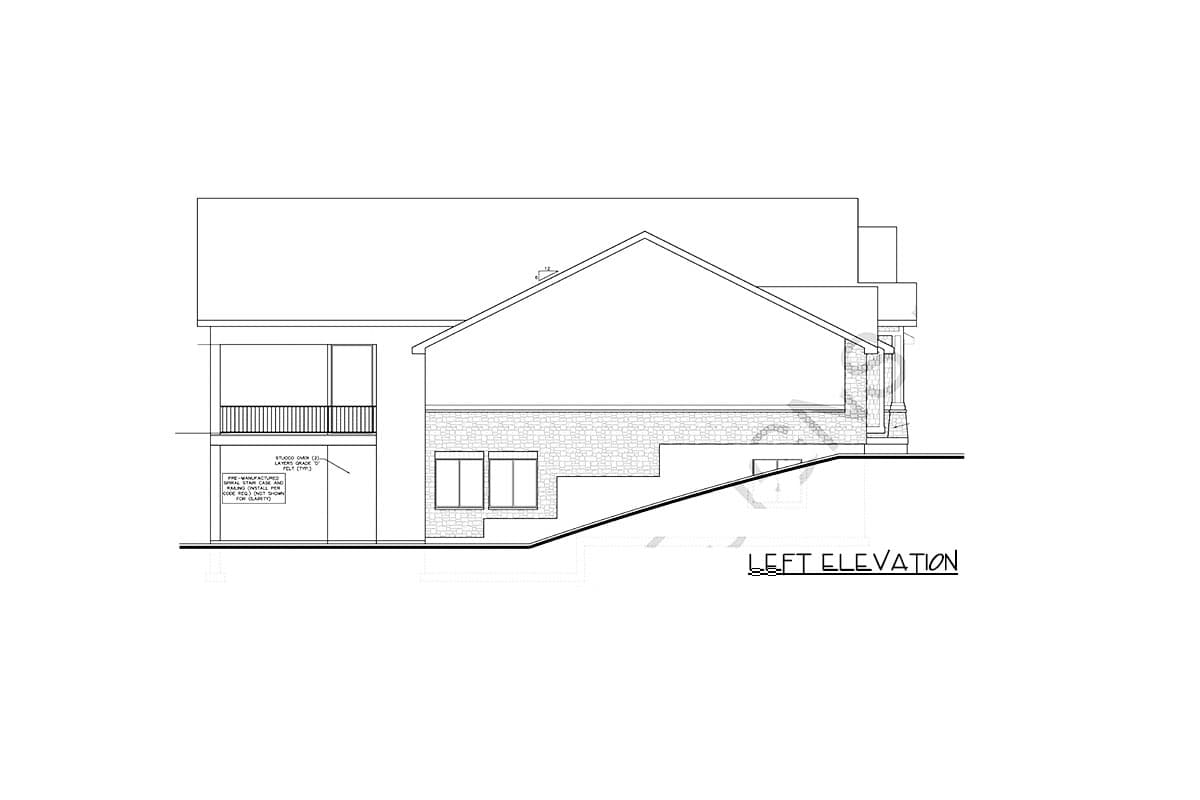 Left elevation drawing shows a two-story house plan with stone veneer, a covered balcony, and multiple windows.