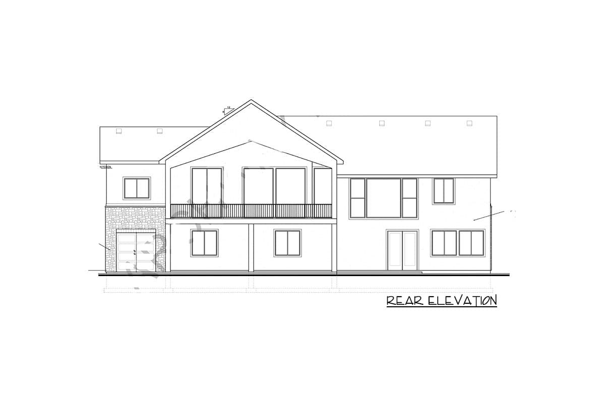 Rear elevation drawing of a two-story house plan with a balcony, gabled roof, stone base, and a two-car garage.