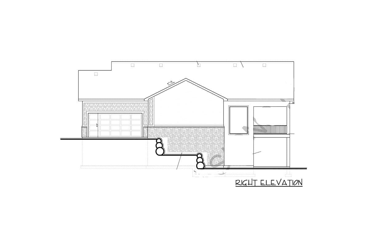 House plan right elevation drawing showing a two-story section with a garage, stone facade, and covered porch.