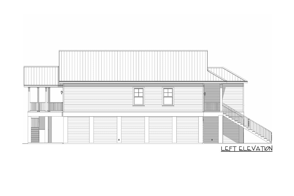 Left elevation of a house plan showing a raised foundation, two stories, metal roof, and covered porches with stairs.