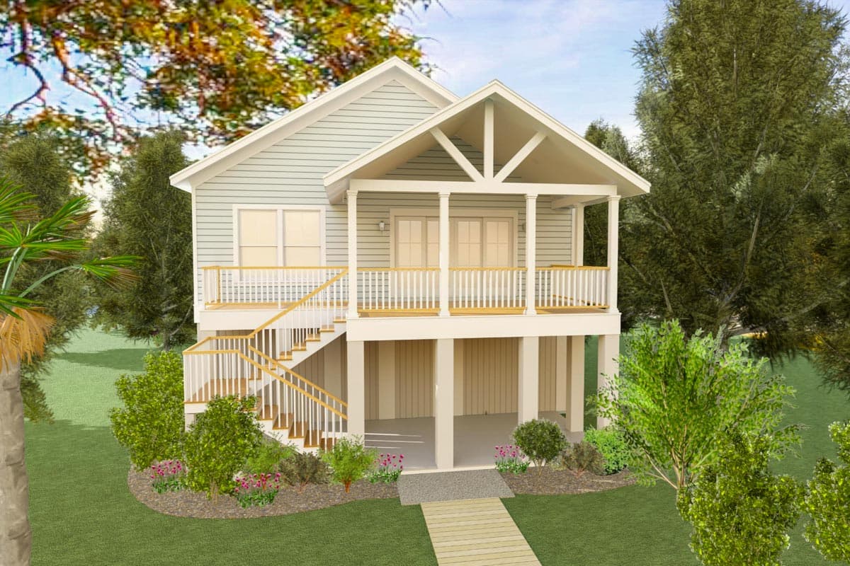 House plan exterior: Two-story stilt home with a covered porch, double front doors, and prominent gabled roofline with exposed rafters.