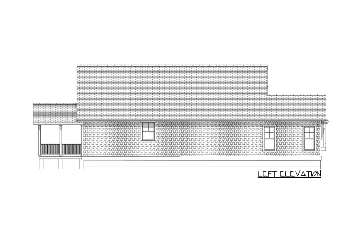 Left elevation house plan drawing shows a covered porch with railing, multiple windows, and a gabled roofline.