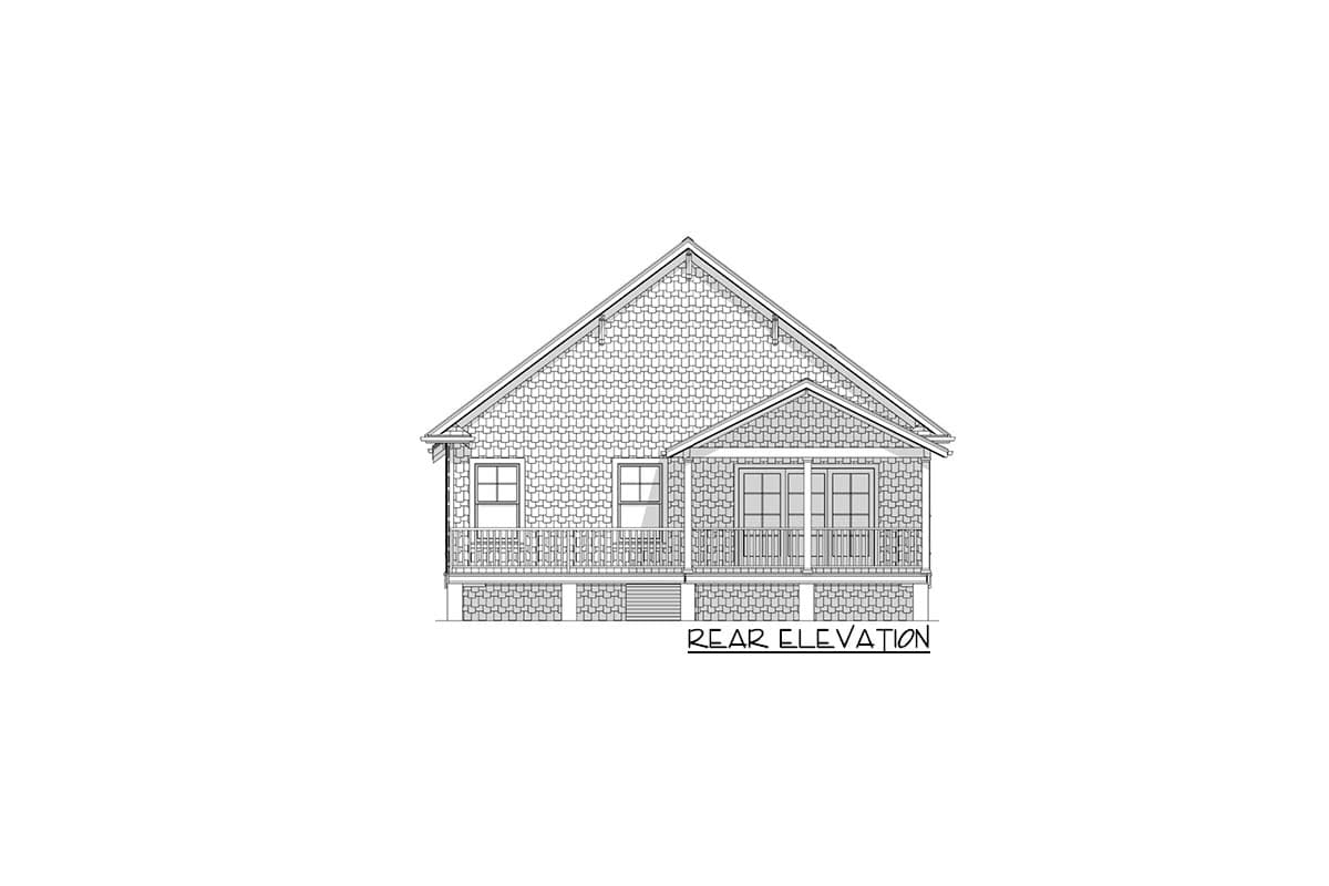 Rear elevation drawing of a house plan with shingle siding, a prominent gable, and a wraparound porch with railing.