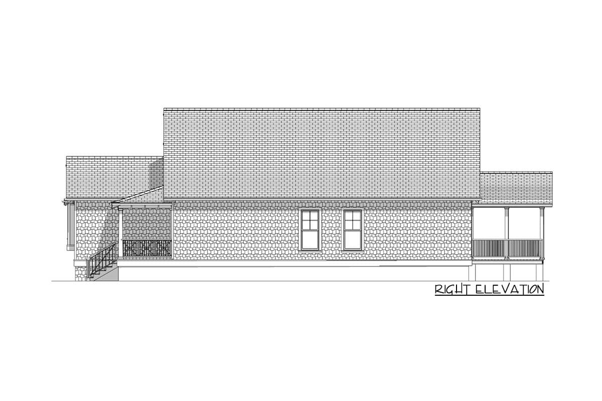 Right elevation drawing of a house plan with a front porch, gabled rooflines, and shingle siding.