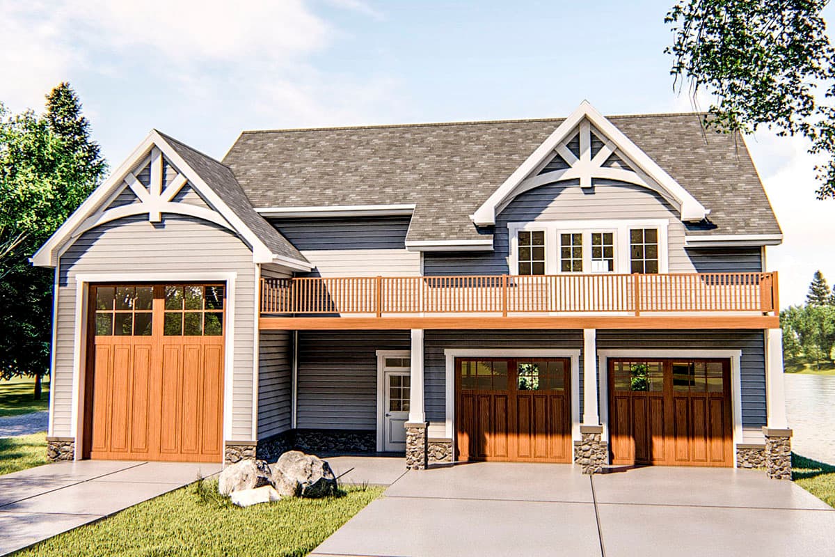 House plan exterior with Craftsman style, two stories, front-facing gables, a balcony, and multiple garage doors.