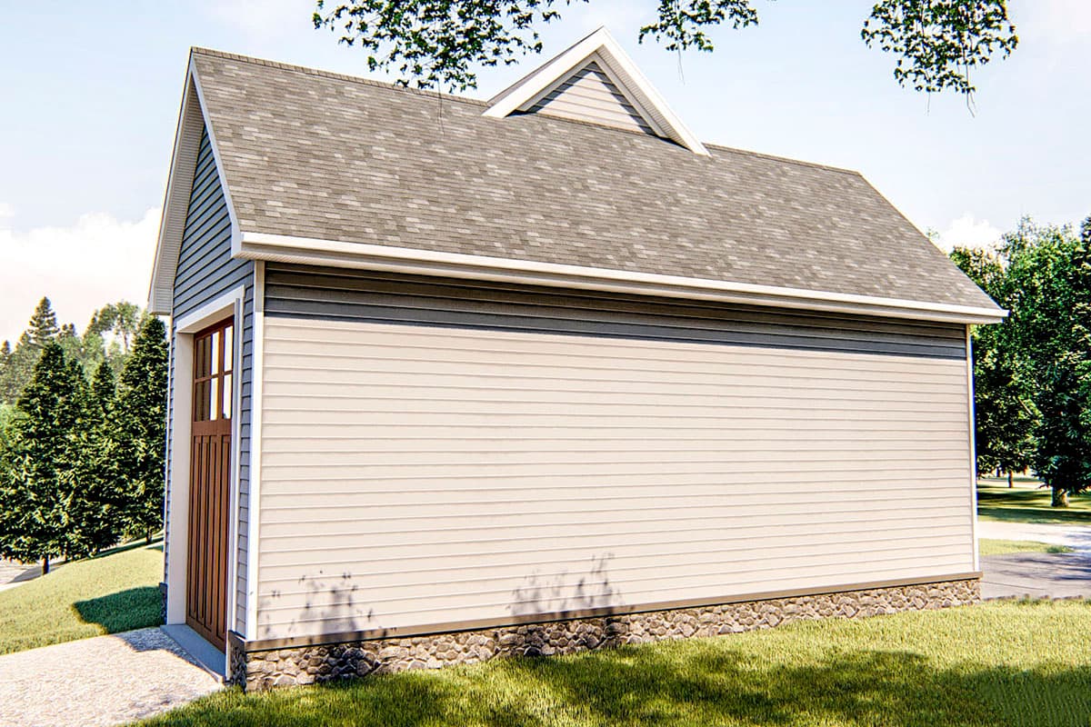 House plan exterior: Gable roof, vinyl siding, stone foundation, and a single garage door with windows.