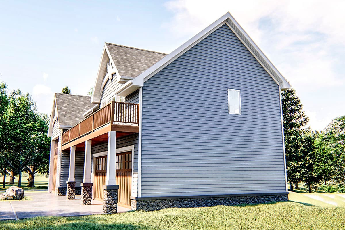 House plan exterior: Two-story home with blue siding, a covered deck, prominent gables, and a three-car garage.
