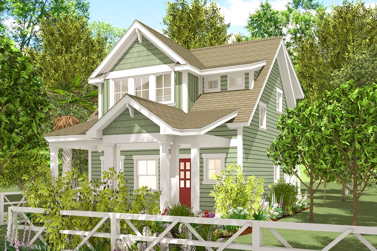 House plan exterior. Two-story Craftsman home with a front porch, gables, and dormers. Features include a side-entry garage and shingle roof.