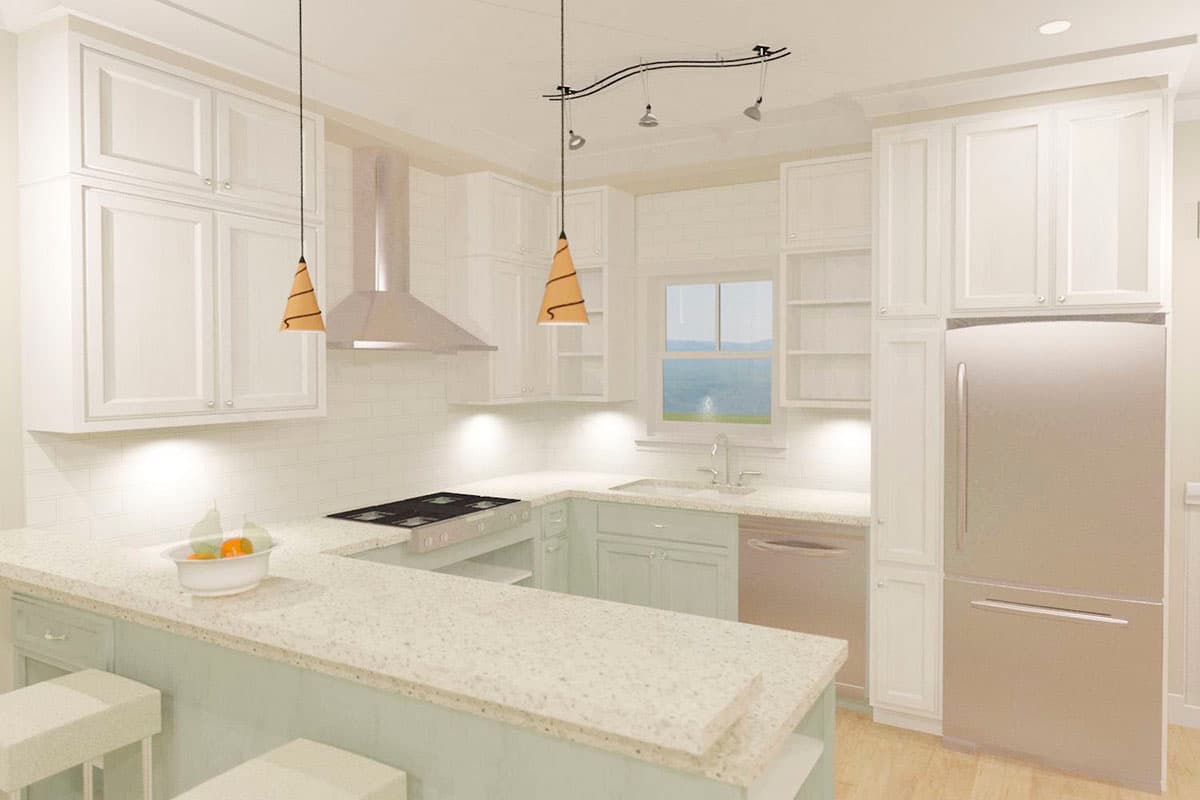 Kitchen rendering with white cabinetry, stainless steel appliances, a large island with counter seating, and subway tile backsplash.
