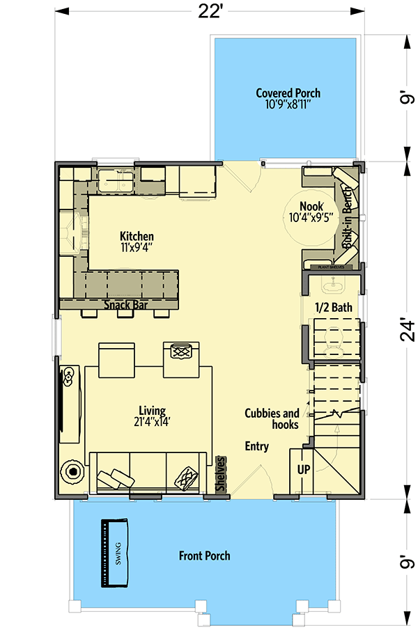 Plan 765014TWN: Cozy 2-Bed Cottage Plan with Second-Level Bedrooms - Floor Plan - Main Level - Cottage, Country