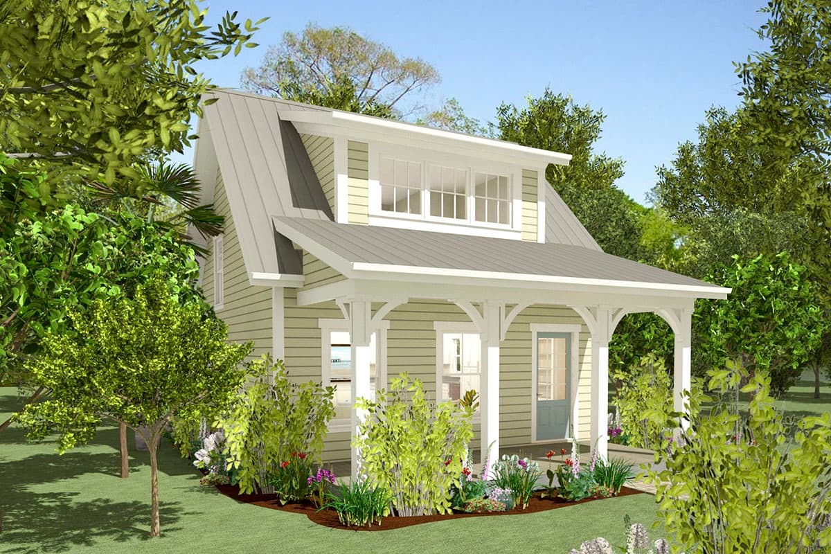 House plan exterior. Two-story cottage with a shed roof porch, dormer, and a metal roof. Landscaping includes trees and flower beds.