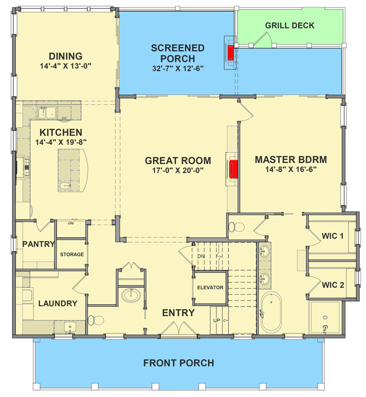 Plan 765016TWN: Charming 4-Bed House Plan with Lower-level Garage - 3214 Sq Ft - Floor Plan - Main Level - Country, Low Country, Southern