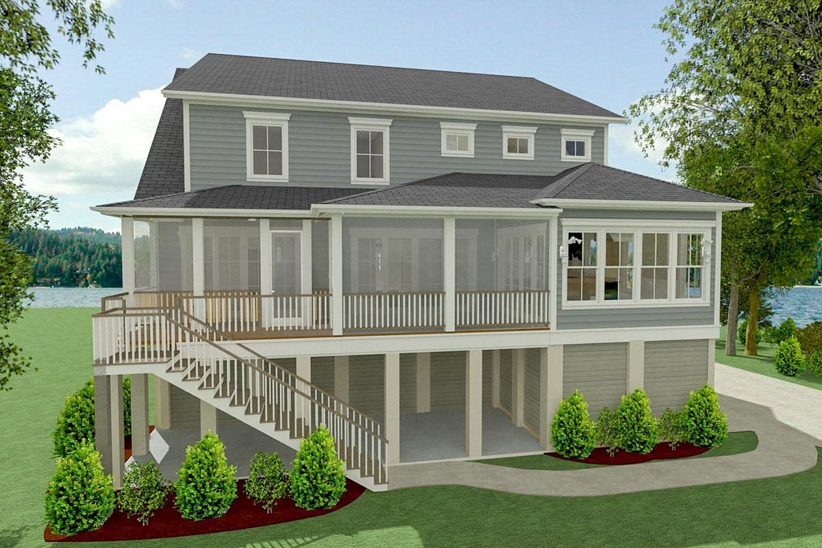House plan exterior: two-story home with a screened porch, large deck stairs, multiple gables, and a dormer.